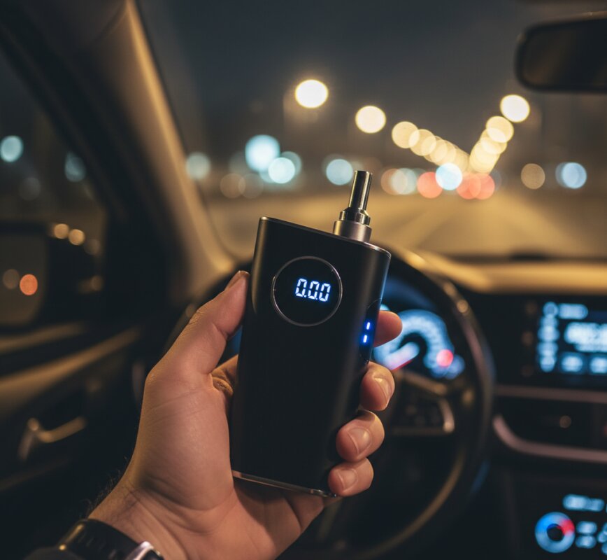 Osobisty alkomat elektrochemiczny w ręku kierowcy wewnątrz auta.