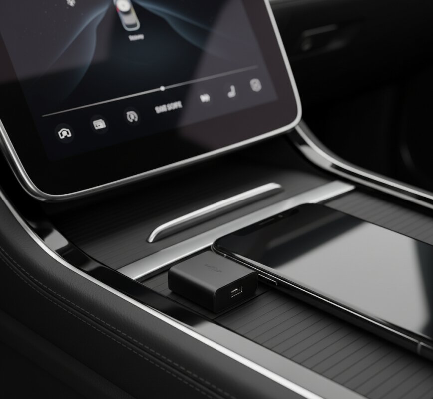 Bezprzewodowy adapter Android Auto i CarPlay w konsoli środkowej.