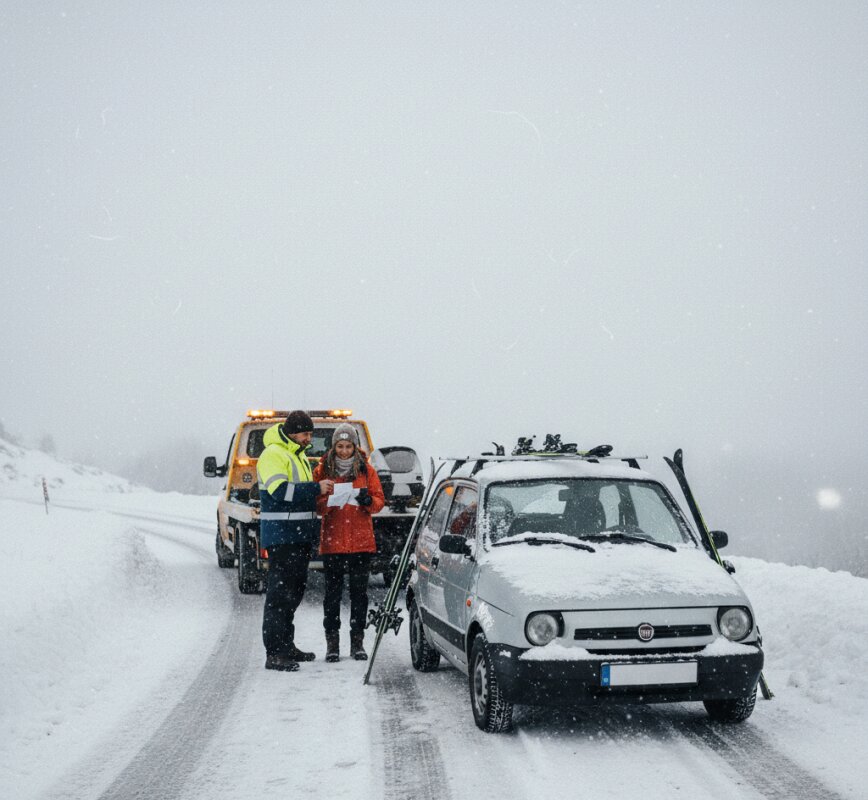 Samochód zepsuty na zaśnieżonej drodze, kierowcy rozmawiają z pomocą drogową.
