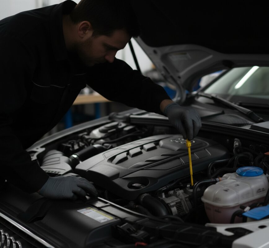 Silnik 2.0 TFSI w Audi A4 B8 podczas sprawdzania poziomu oleju.