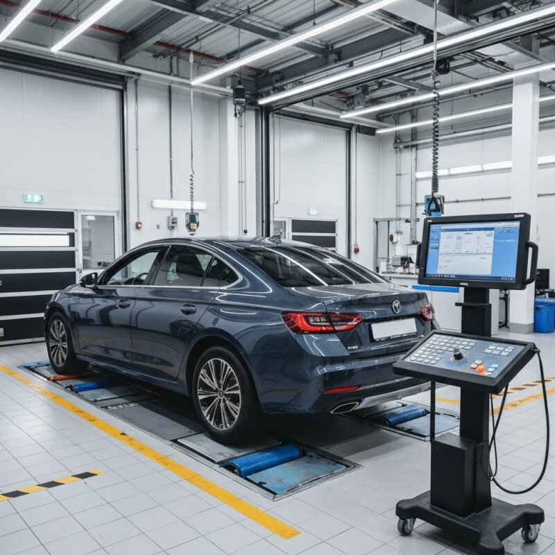 Samochód na linii diagnostycznej podczas badania technicznego.