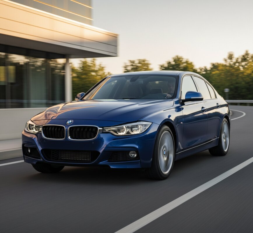 Niebieskie BMW serii 3 F30 podczas jazdy po drodze asfaltowej.