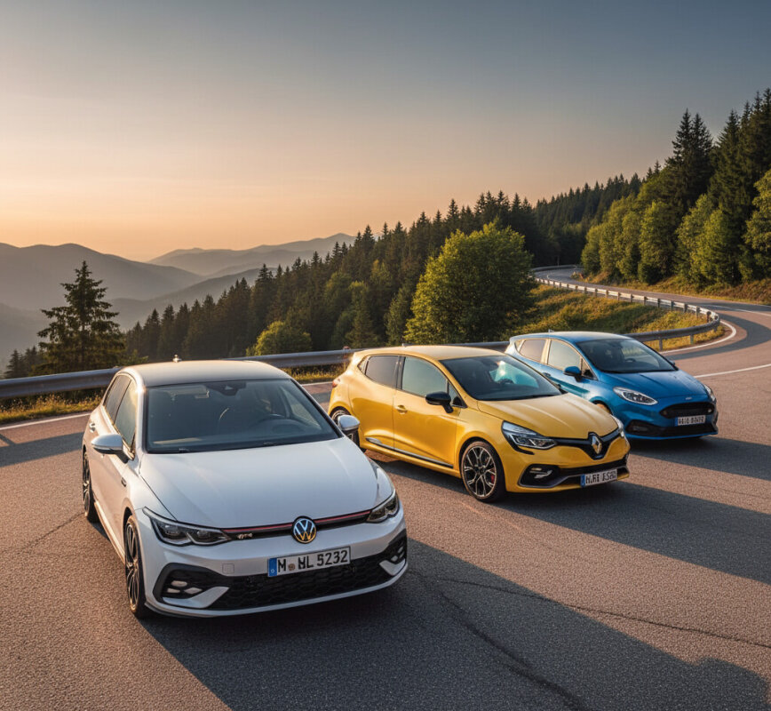 Trzy sportowe samochody typu hot hatch na górskiej drodze.