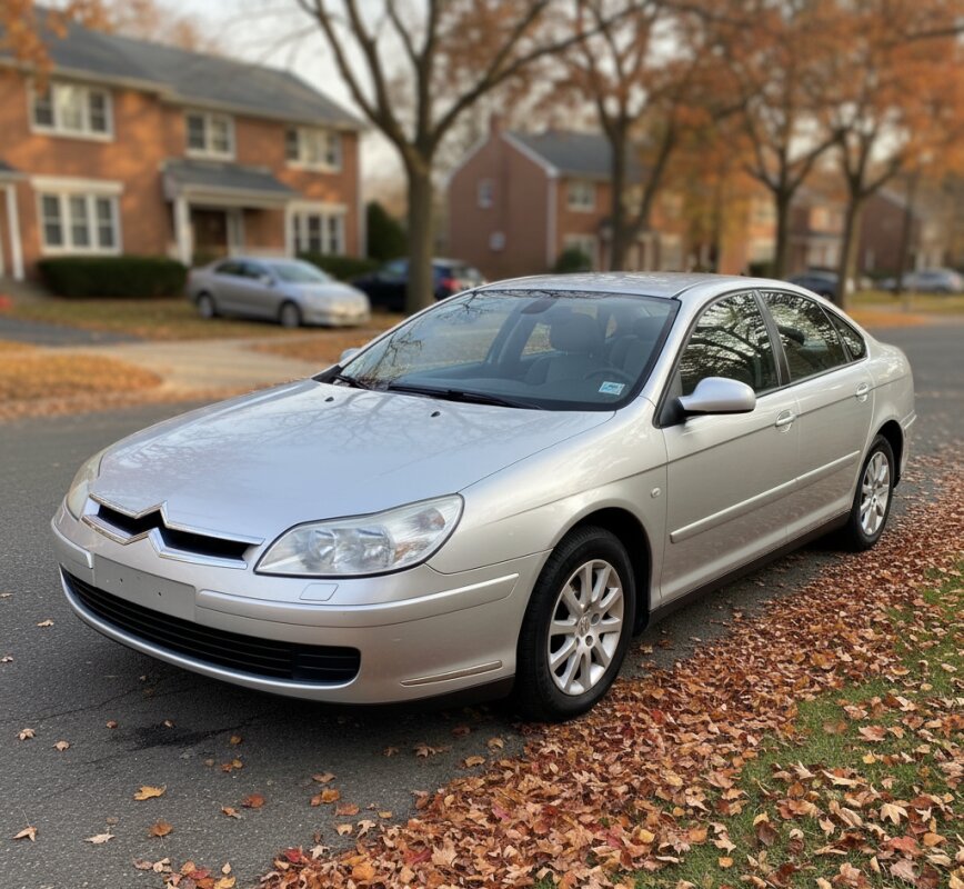 Srebrny sedan Citroen C5 III zaparkowany na ulicy – sylwetka samochodu używanego.