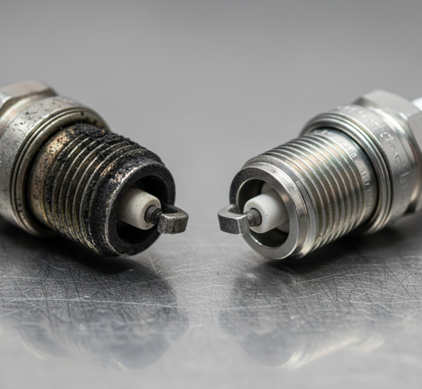Porównanie zużytej i nowej świecy zapłonowej silnika.