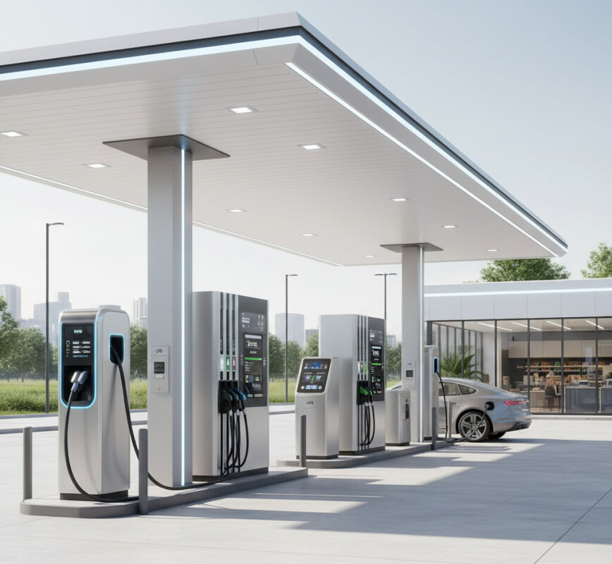 Nowoczesna stacja paliw z ładowarką EV i dystrybutorami.