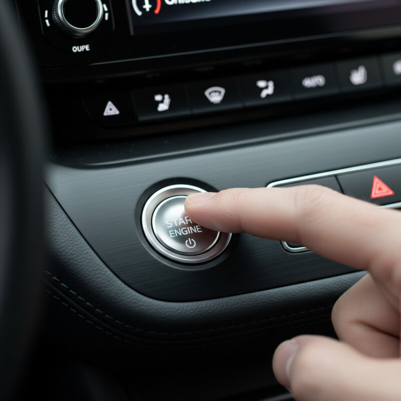 Palec naciskający srebrny przycisk Start Engine na desce rozdzielczej samochodu.