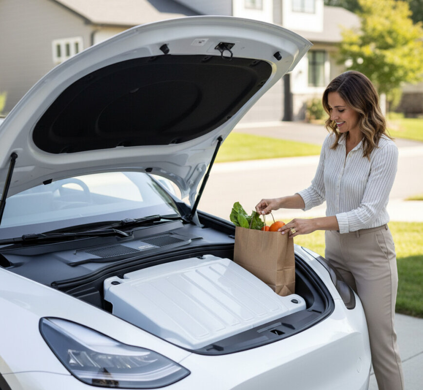 Przedni bagażnik (frunk) w aucie elektrycznym.