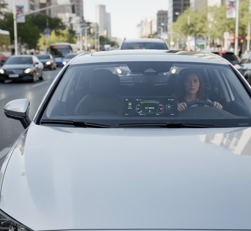 Nowoczesny samochód mild hybrid w ruchu miejskim, z widocznymi wskaźnikami deski rozdzielczej.