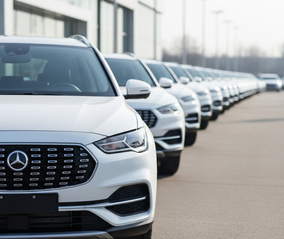 Nowe samochody zaparkowane na placu dealerskim.