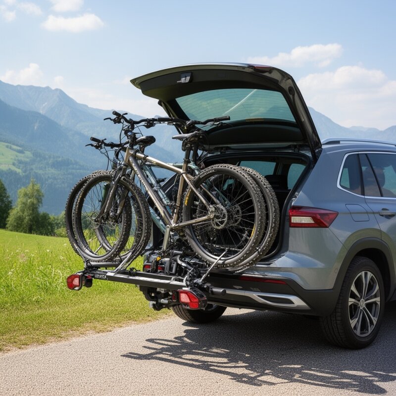 Uchylny bagażnik rowerowy na hak holowniczy nowoczesnego SUV-a