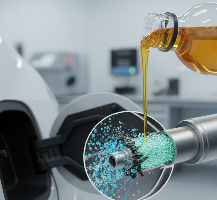 Dolewanie dodatku czyszczącego do wlewu paliwa diesla.