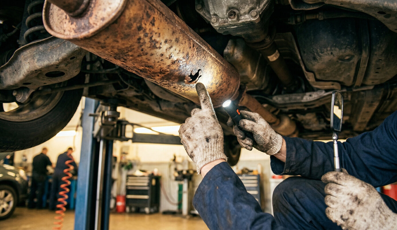 Skorodowany tłumik z dziurą i spawem.