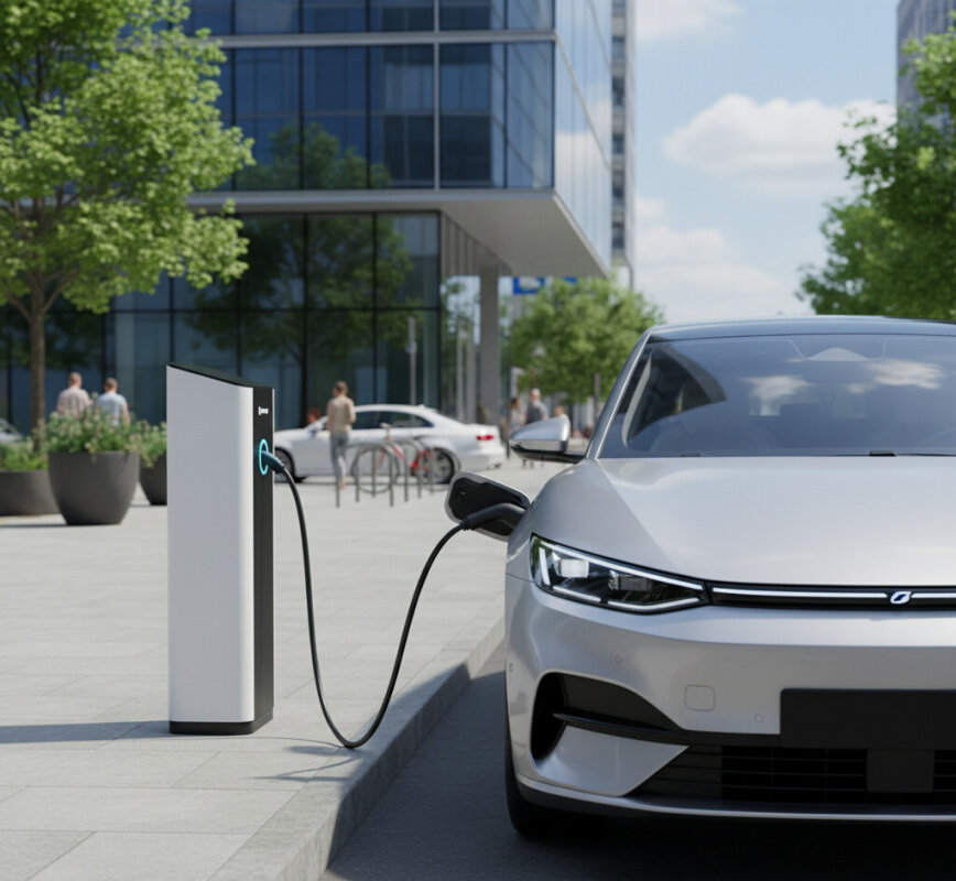 Samochód elektryczny ładujący się na publicznej stacji ładowania.
