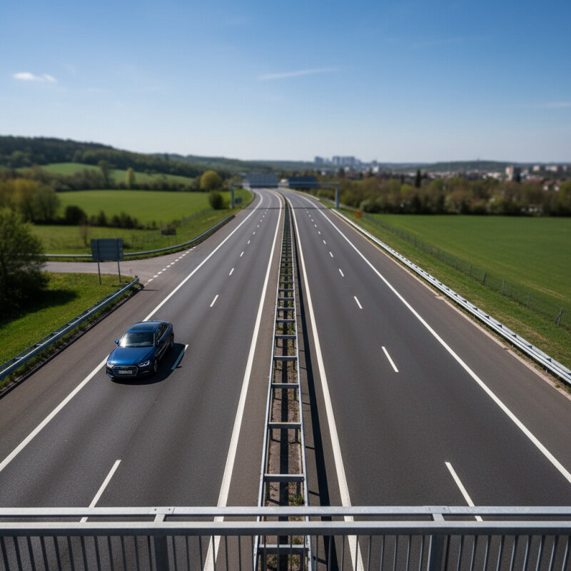 Samochód jadący lewym pasem autostrady przy pustych prawych pasach.