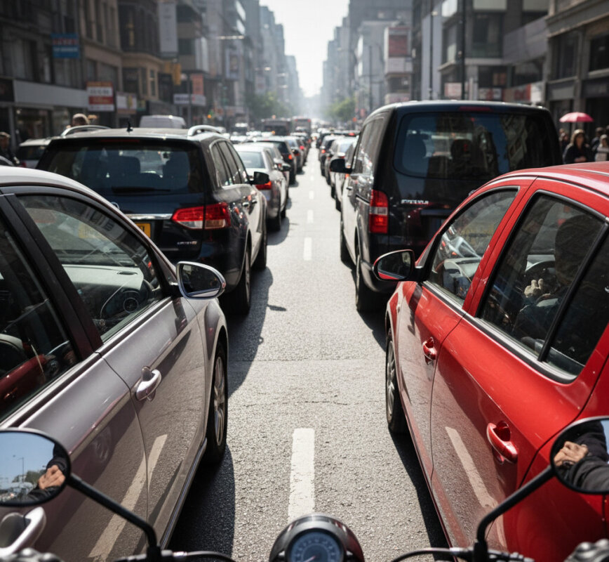 Motocyklista przejeżdżający między samochodami w korku.