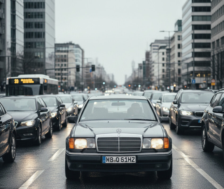 Klasyczny Mercedes W124 w ruchu miejskim.