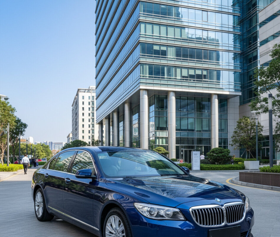 Elegancki granatowy sedan przed biurowcem.