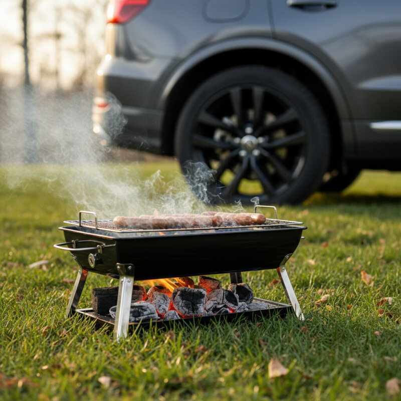 Przenośny grill węglowy na trawie obok zaparkowanego nowoczesnego SUV-a.
