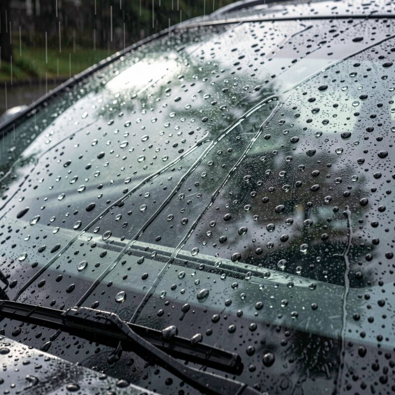 Efekt hydrofobowy niewidzialnej wycieraczki na przedniej szybie.