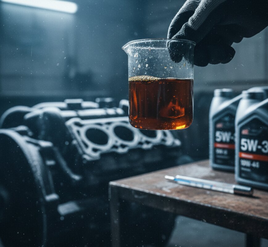 Ręka trzyma zlewkę z olejem silnikowym, w tle blok silnika i olej 5W-30.