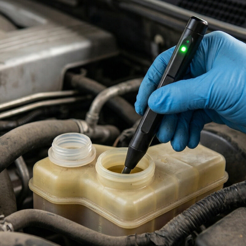 Tester płynu hamulcowego zanurzony w zbiorniczku wyrównawczym pod maską.