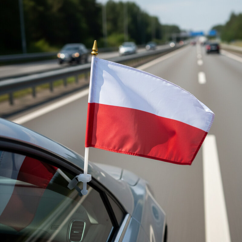 Mała flaga państwowa zamontowana na bocznej szybie jadącego samochodu.