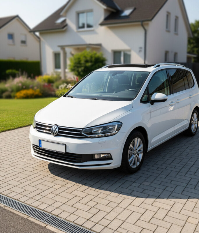 Biały Volkswagen Touran II zaparkowany przed domem, rodzinny van.