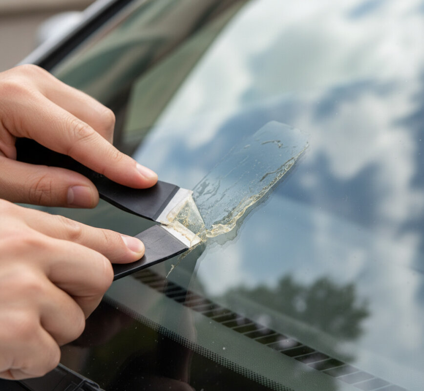 Usuwanie starej naklejki rejestracyjnej z przedniej szyby samochodu.