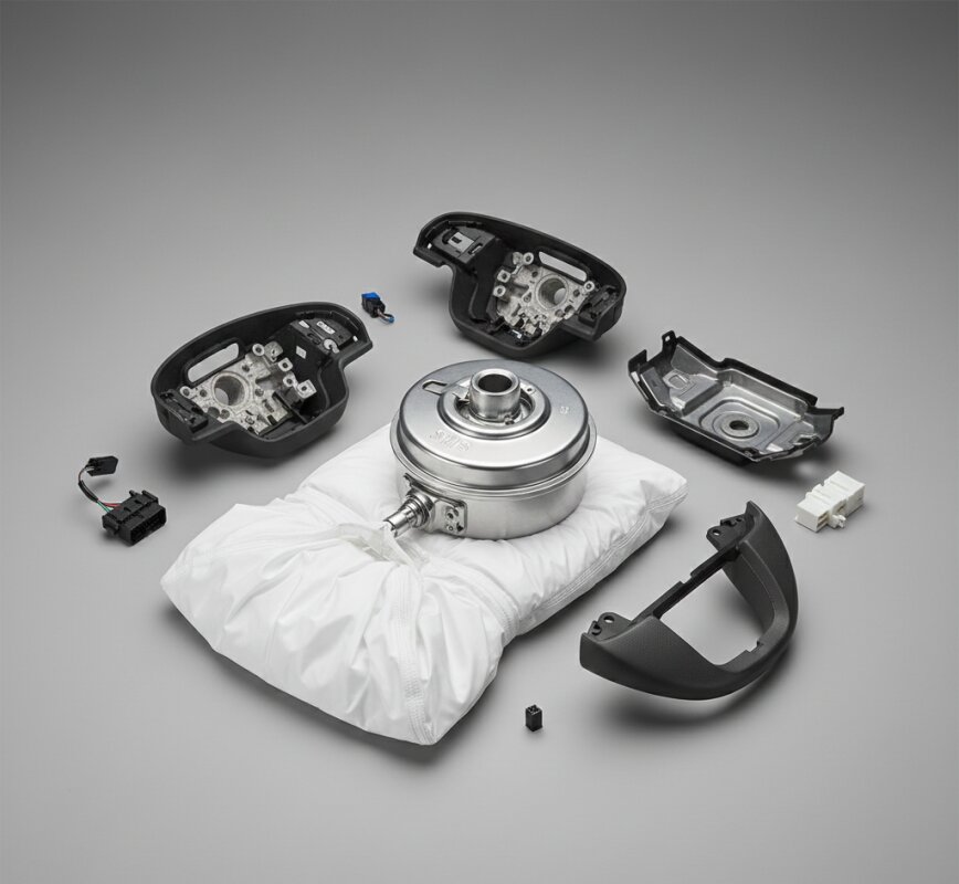 Budowa modułu poduszki powietrznej SRS w kierownicy samochodu.