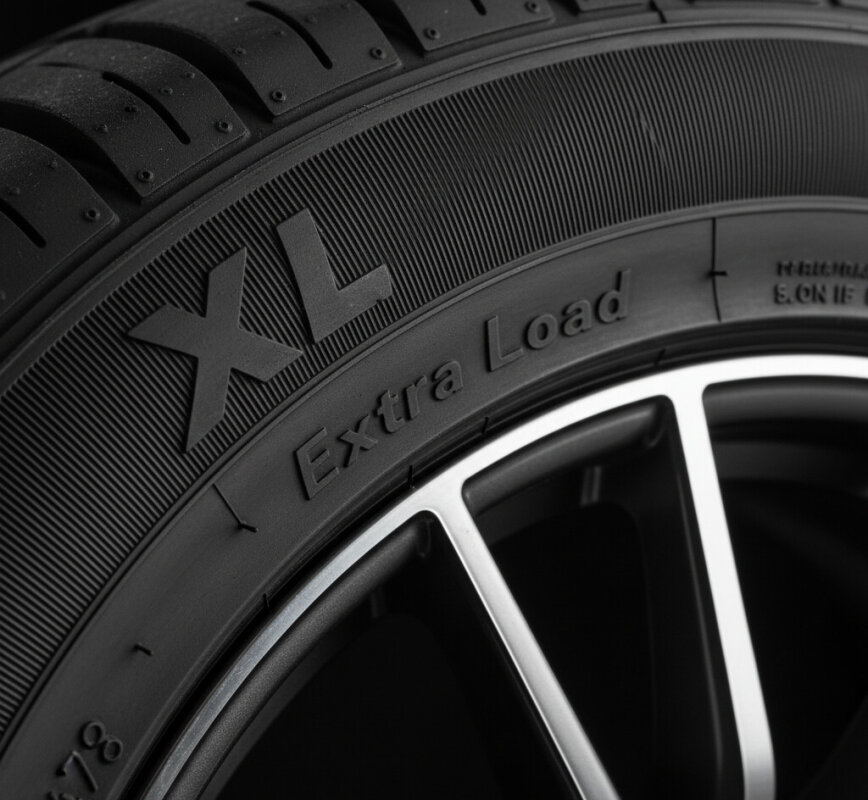 Oznaczenie opony wzmocnionej XL na bocznej ściance ogumienia.