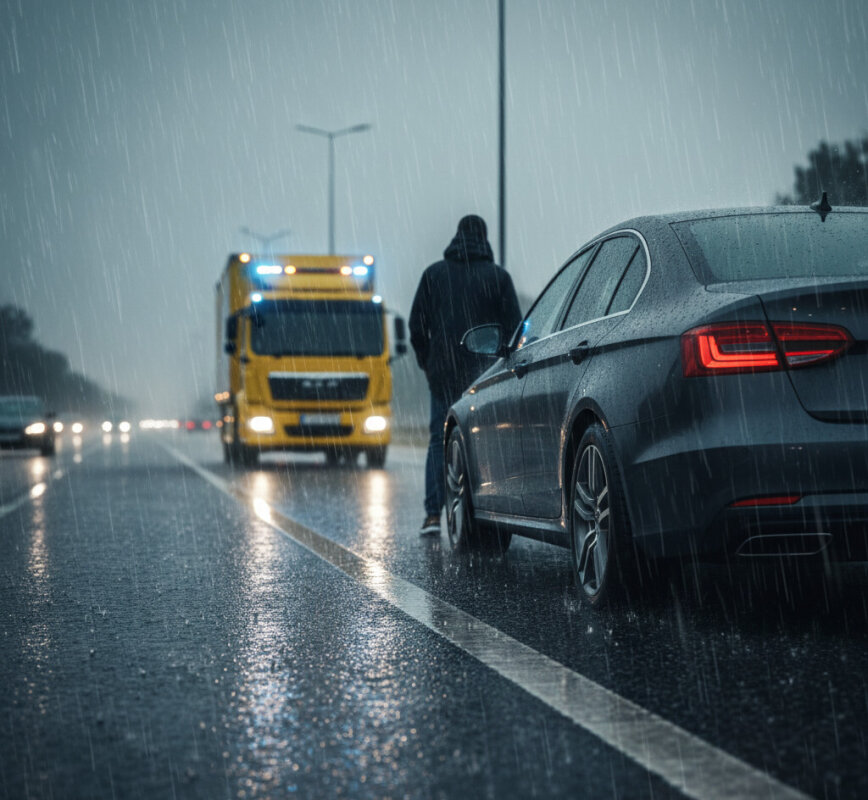 Samochód z przebitą oponą na poboczu autostrady w deszczu.