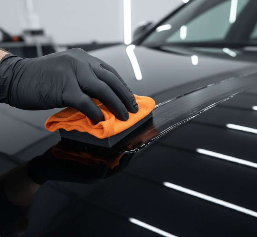 Nakładanie powłoki ceramicznej na czarny lakier karoserii.