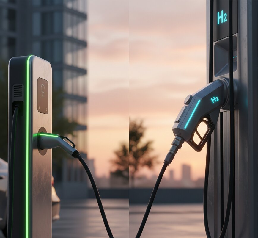 Samochód wodorowy i elektryczny na stacji ładowania – porównanie napędów.