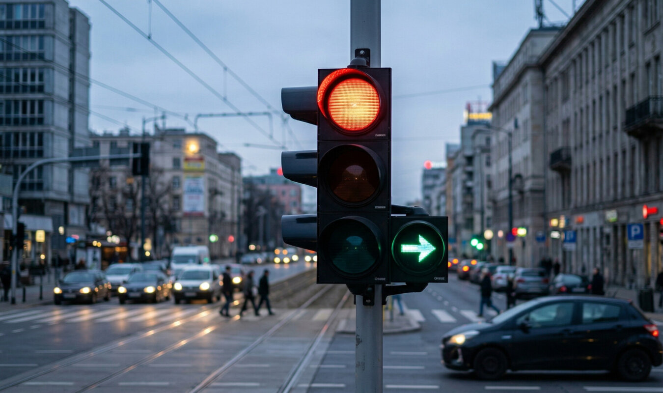 Sygnalizator z zieloną strzałką warunkową.
