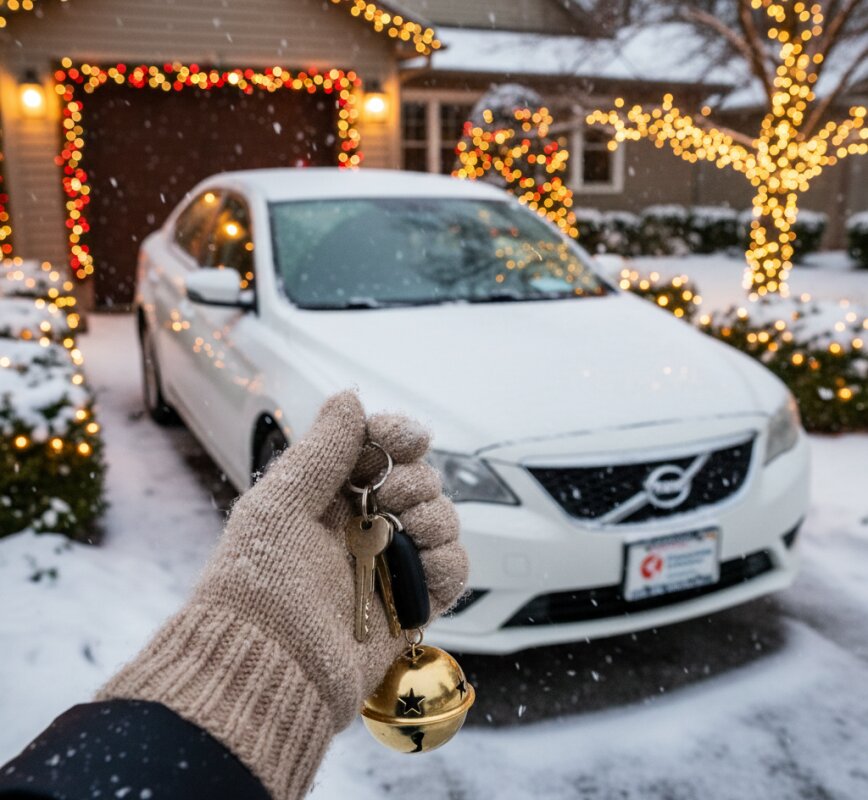 Białe auto z czerwoną kokardą w zimowej scenerii – wynajem na święta.