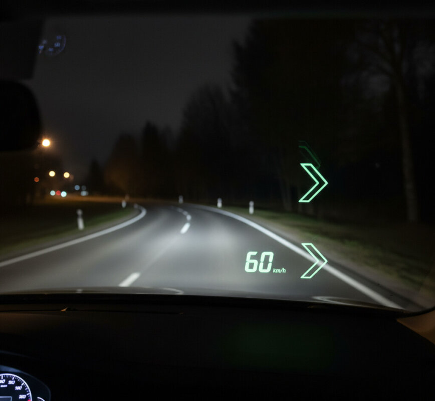 Wyświetlacz Head-Up (HUD) na przedniej szybie.
