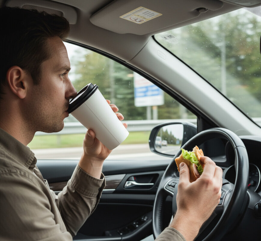 Kierowca jedzący kanapkę podczas jazdy autem.