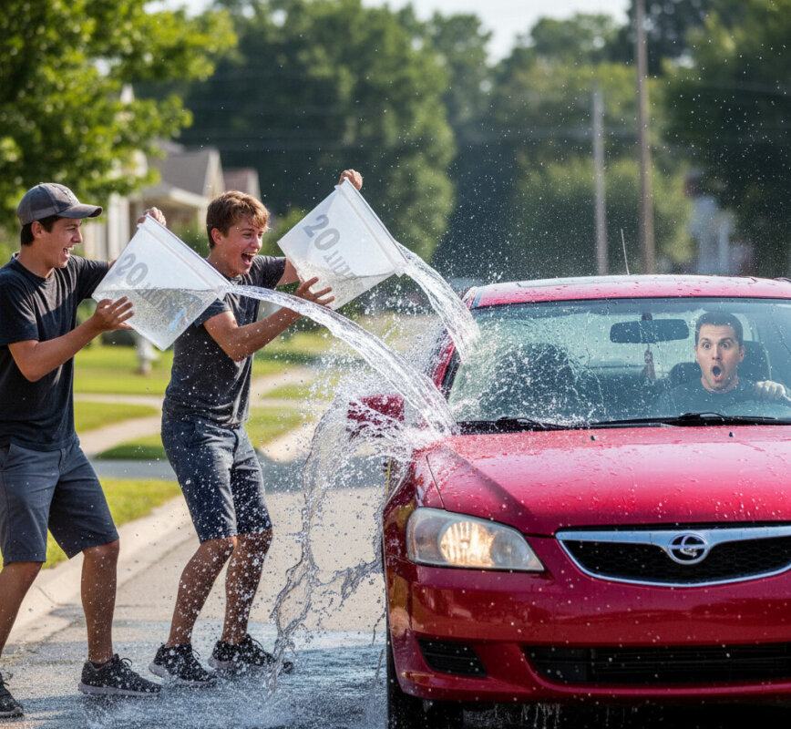Duży rozbryzg wody uderzający w bok jadącego ciemnego samochodu.