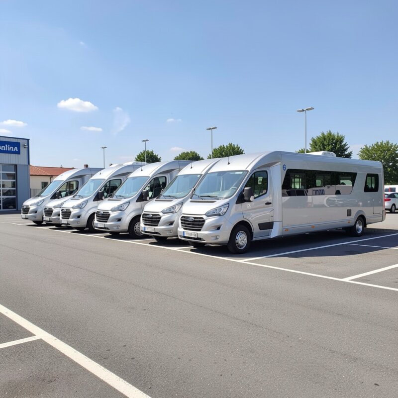 Rząd identycznych samochodów na placu wypożyczalni aut.
