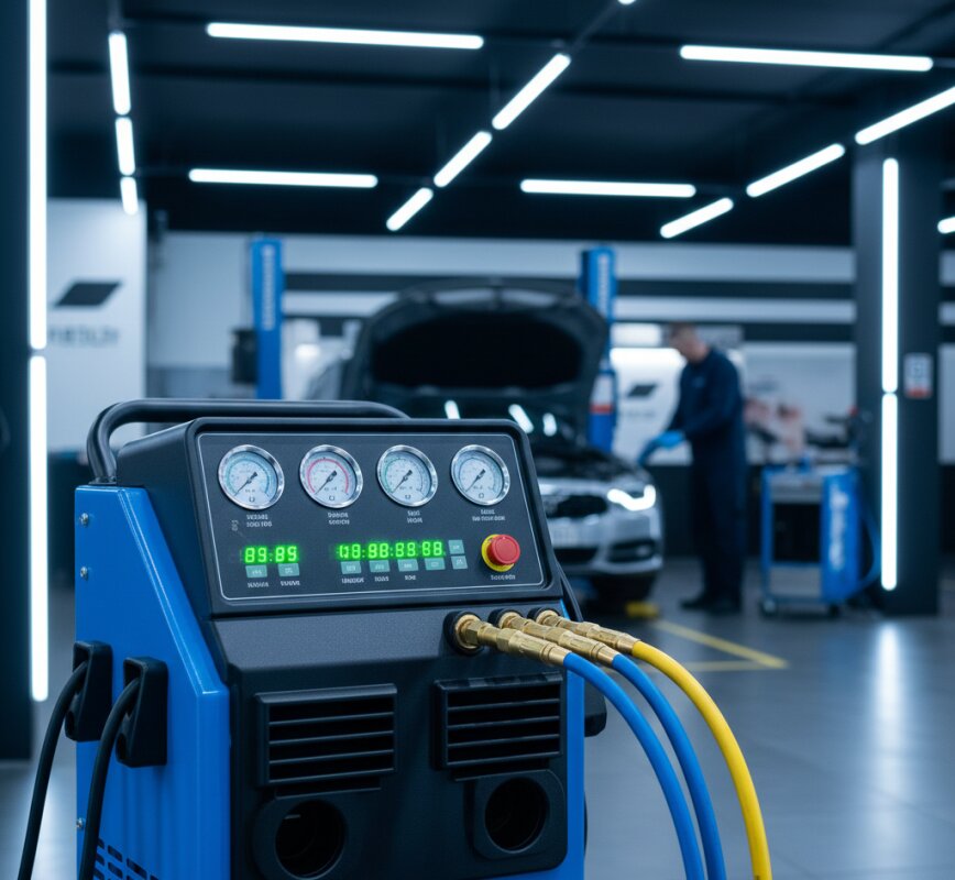 Maszyna do serwisu klimatyzacji podłączona przewodami do samochodu.