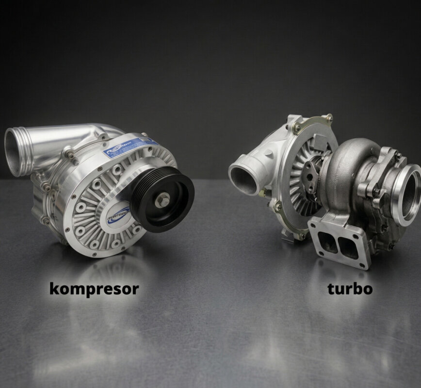Porównanie turbosprężarki i kompresora na stole warsztatowym.