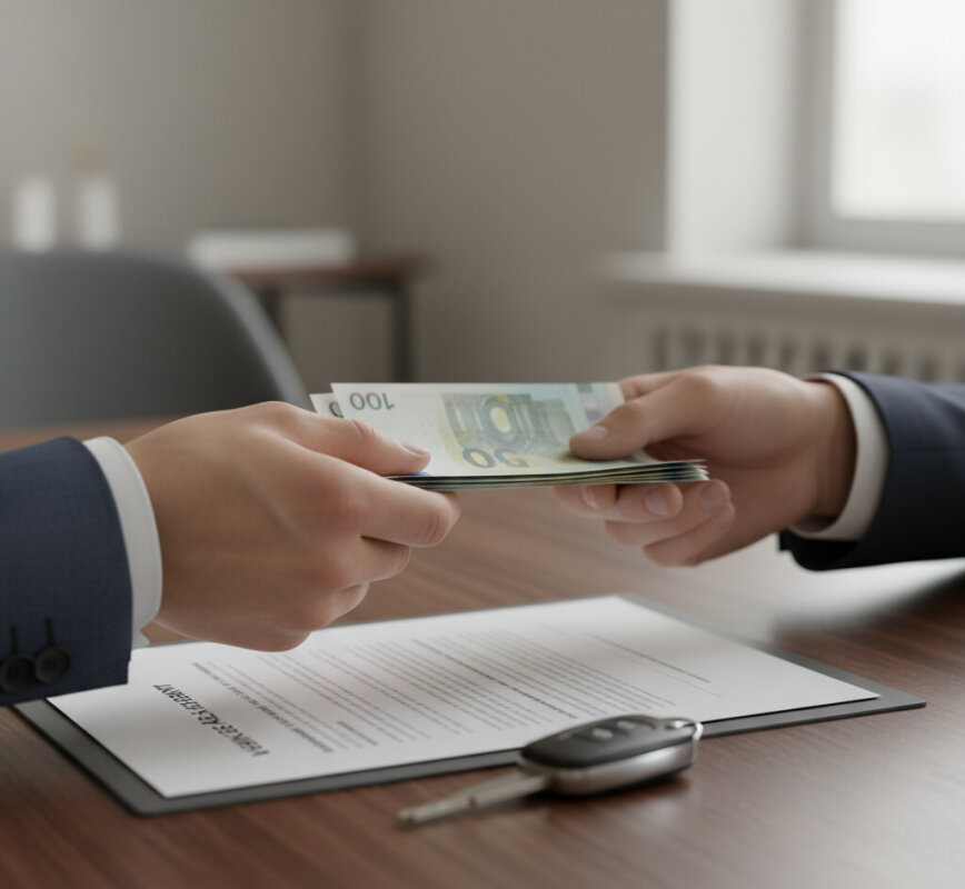 Podpisanie umowy zakupu auta, gotówka.