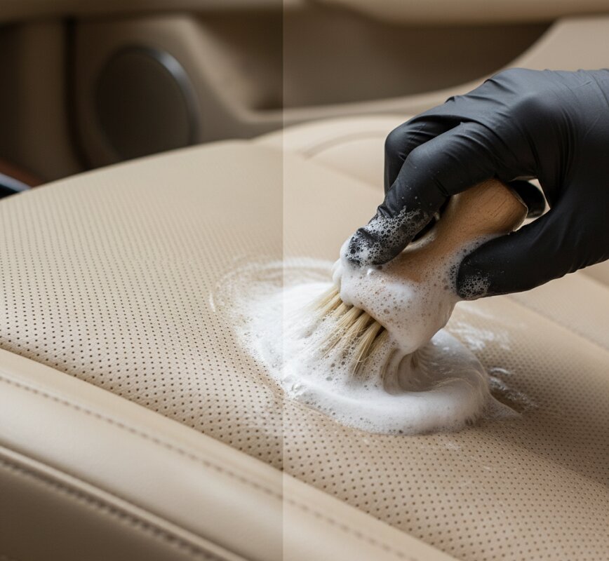 Czyszczenie i nawilżanie skórzanej tapicerki fotela samochodowego.