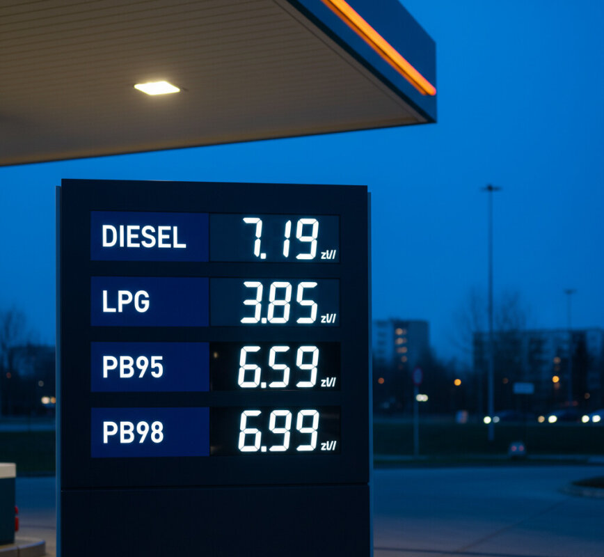 Tablica z cenami paliw diesel i LPG na stacji benzynowej wieczorem.