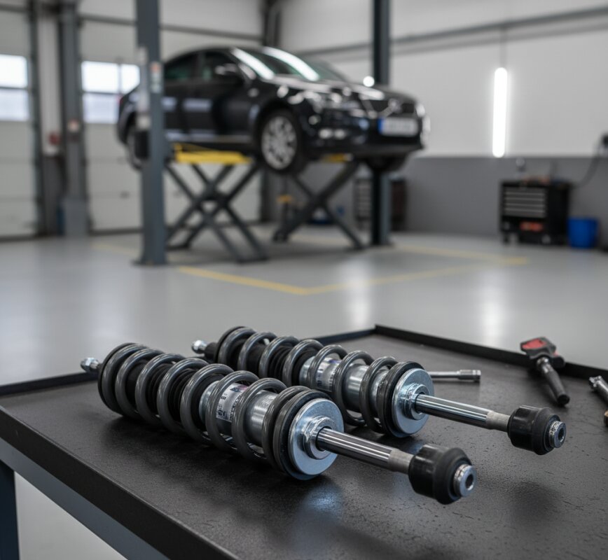 Dwa nowe amortyzatory samochodowe gotowe do montażu.