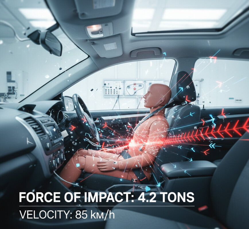 Test zderzeniowy pokazujący skutki braku pasów z tyłu.