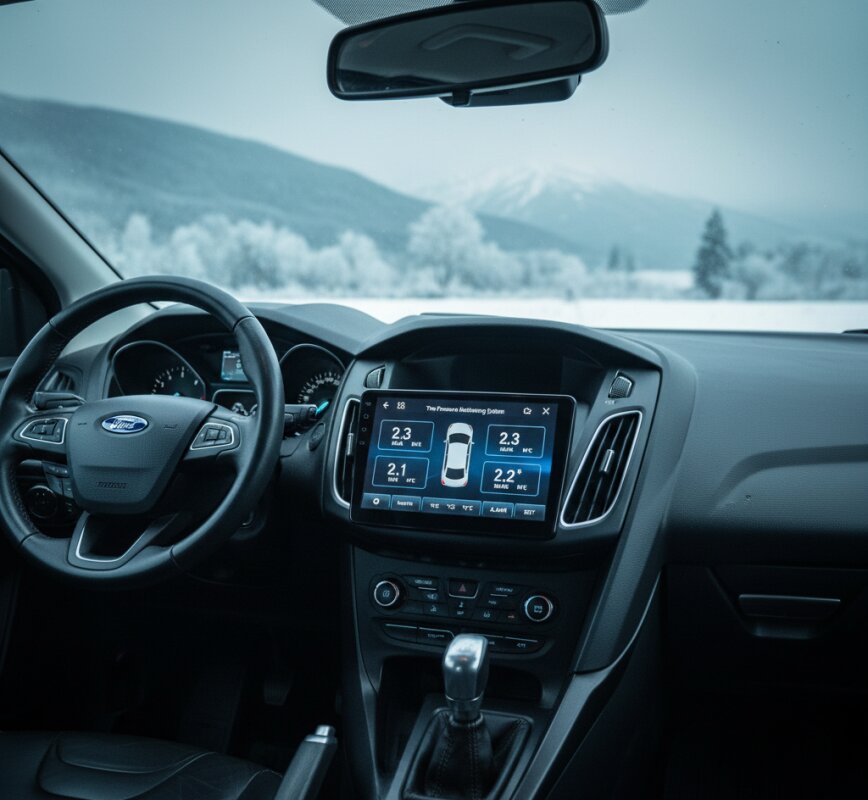 Wnętrze samochodu, ekran TPMS z informacją o ciśnieniu w oponach i śnieżny krajobraz.