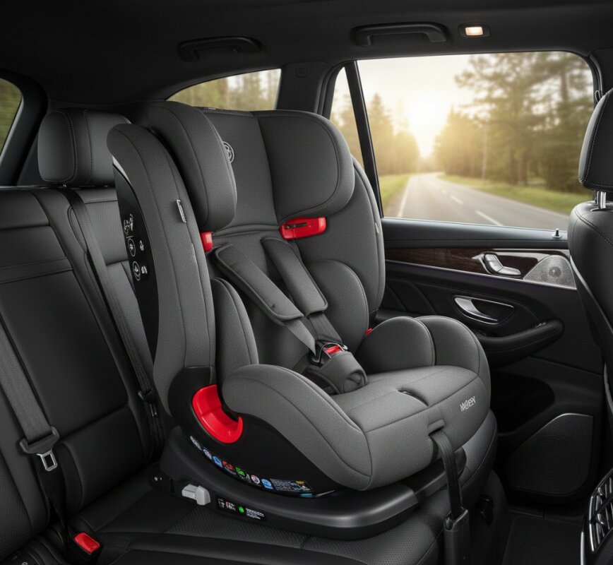 Fotelik samochodowy RWF zamontowany tyłem do kierunku jazdy.