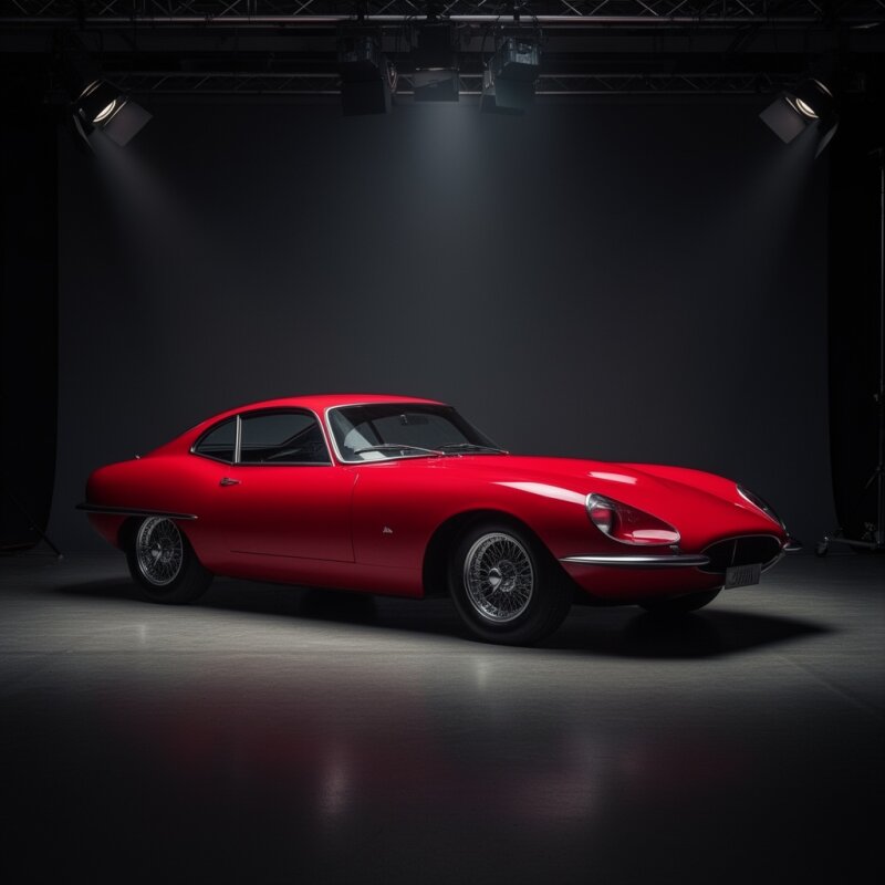 Czerwony sportowy samochód retro w studiu fotograficznym